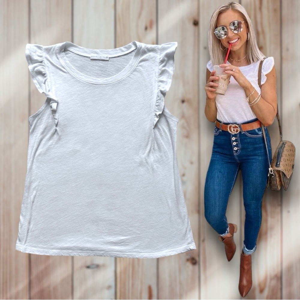 ✨ Wasabi + Mint White Ruffle Flutter Sleeve Casual Tank Top Blouse